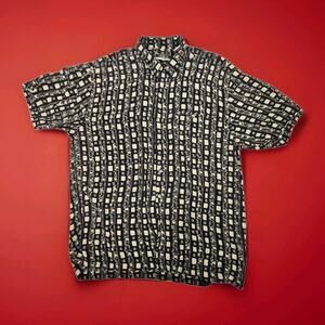 Vintage Thums Up Rayon Shirt Mens Large Black Abstract Geometric 90s Button Up